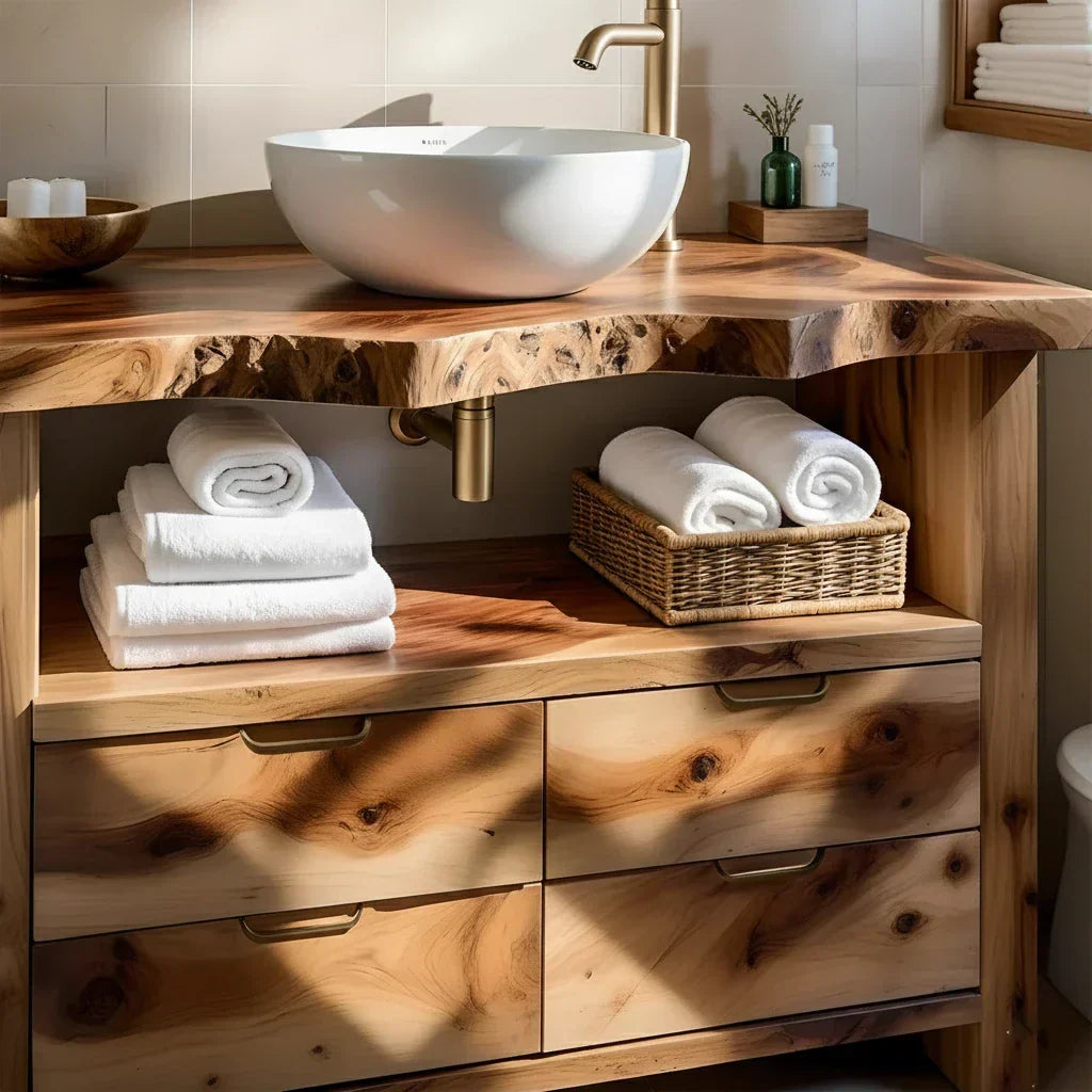 Natural Solid Wood Bathroom Vanity – Wabi-Sabi Live Edge Style - Rustiracraft 