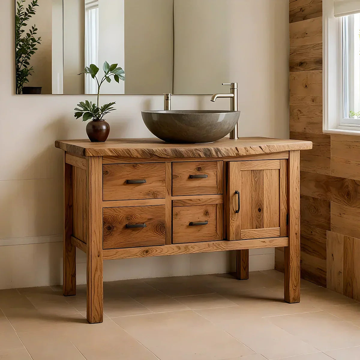 Natural Solid Wood Bathroom Vanity with Drawers & Cabinet — Handcrafted Wabi Sabi Design - Rustiracraft 