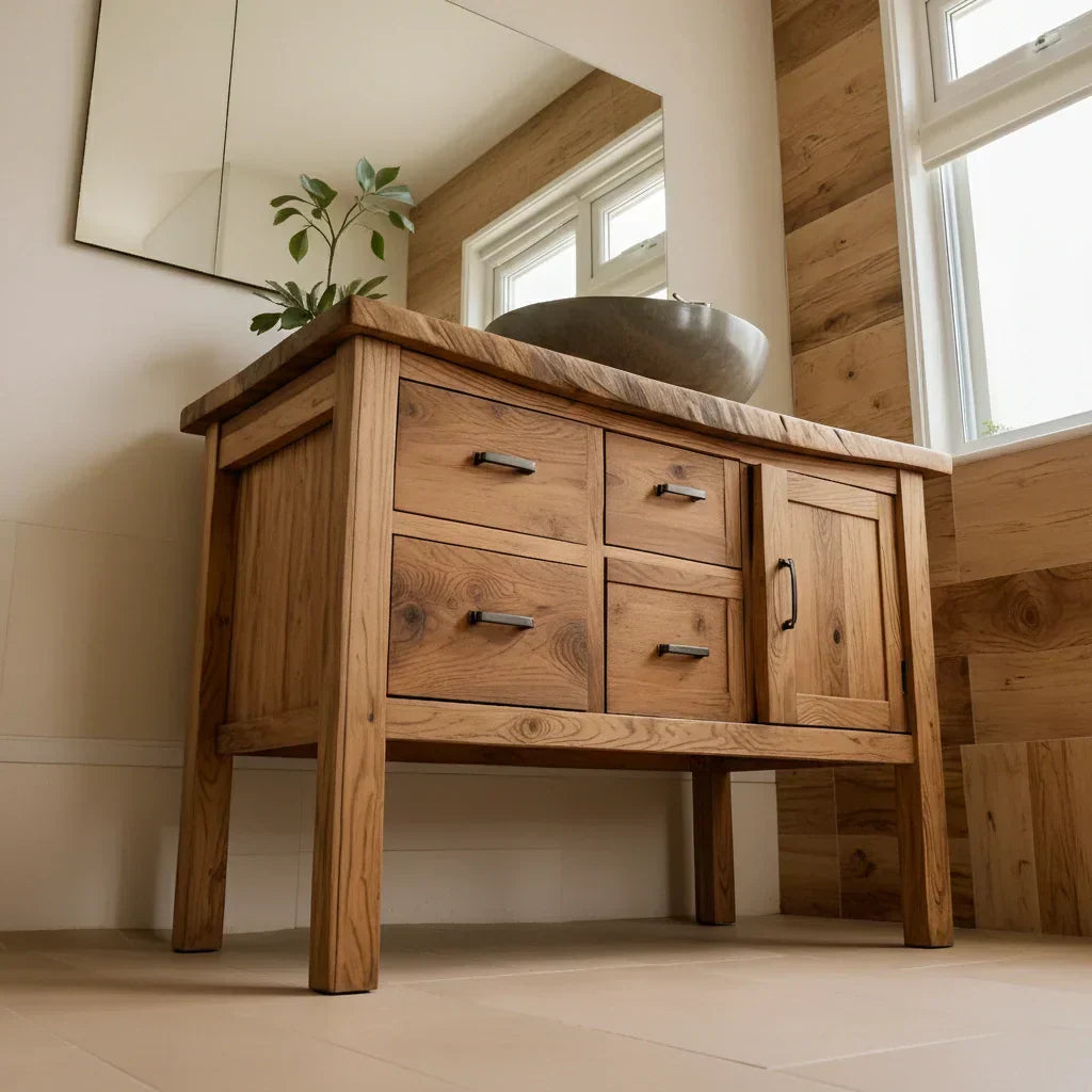 Natural Solid Wood Bathroom Vanity with Drawers & Cabinet — Handcrafted Wabi Sabi Design - Rustiracraft 