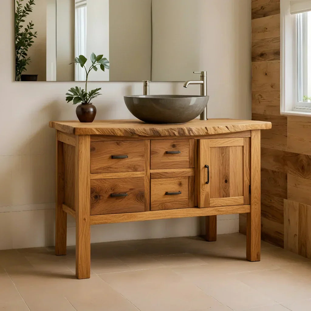 Natural Solid Wood Bathroom Vanity with Drawers & Cabinet — Handcrafted Wabi Sabi Design - Rustiracraft 