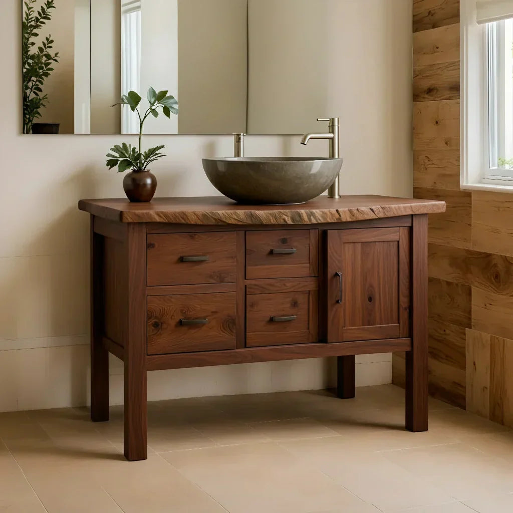 Natural Solid Wood Bathroom Vanity with Drawers & Cabinet — Handcrafted Wabi Sabi Design - Rustiracraft 