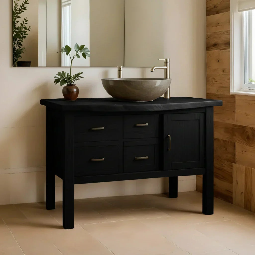 Natural Solid Wood Bathroom Vanity with Drawers & Cabinet — Handcrafted Wabi Sabi Design - Rustiracraft 