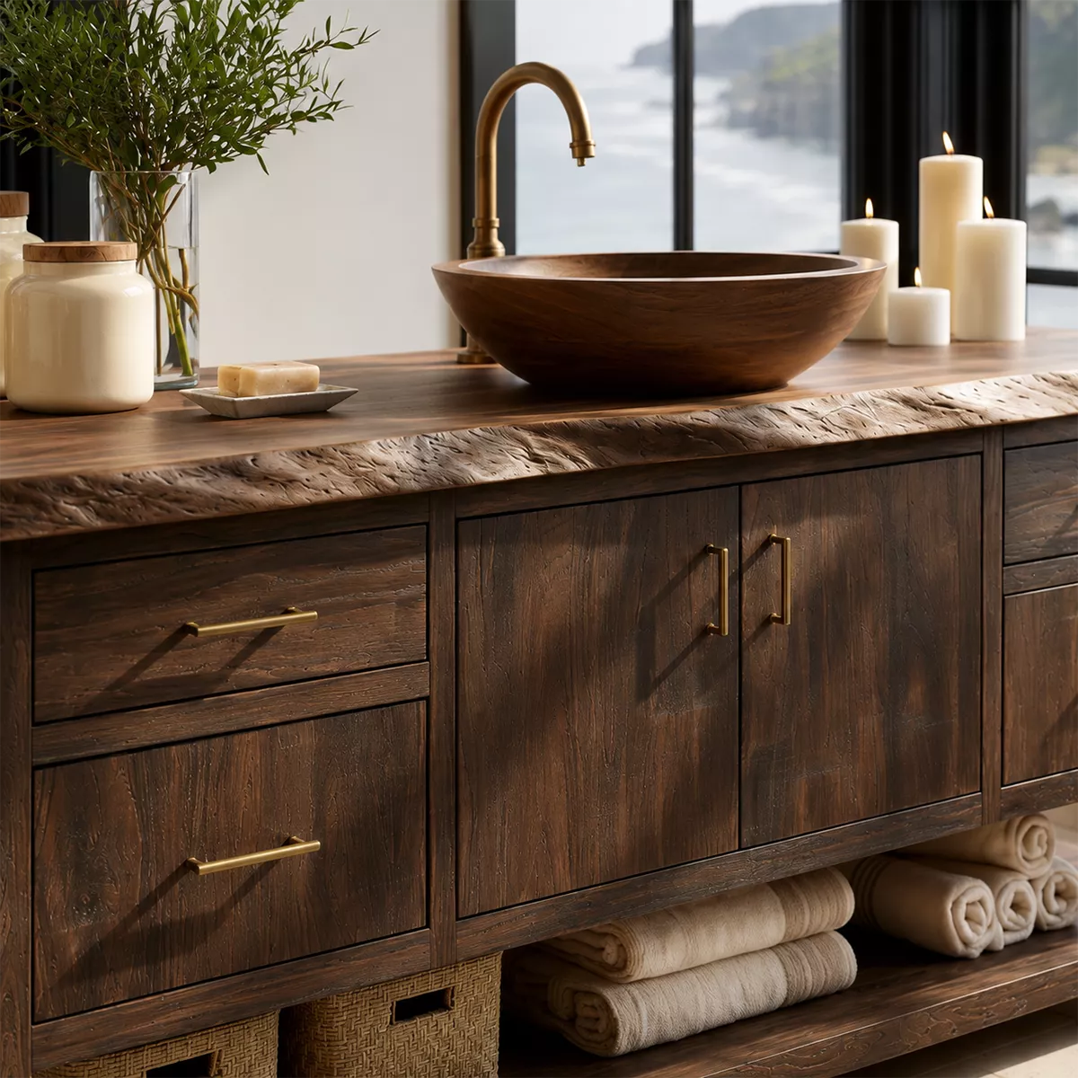 Natural Solid Wood Bathroom Vanity with Four Drawers Open Shelf Rustic - Rustiracraft