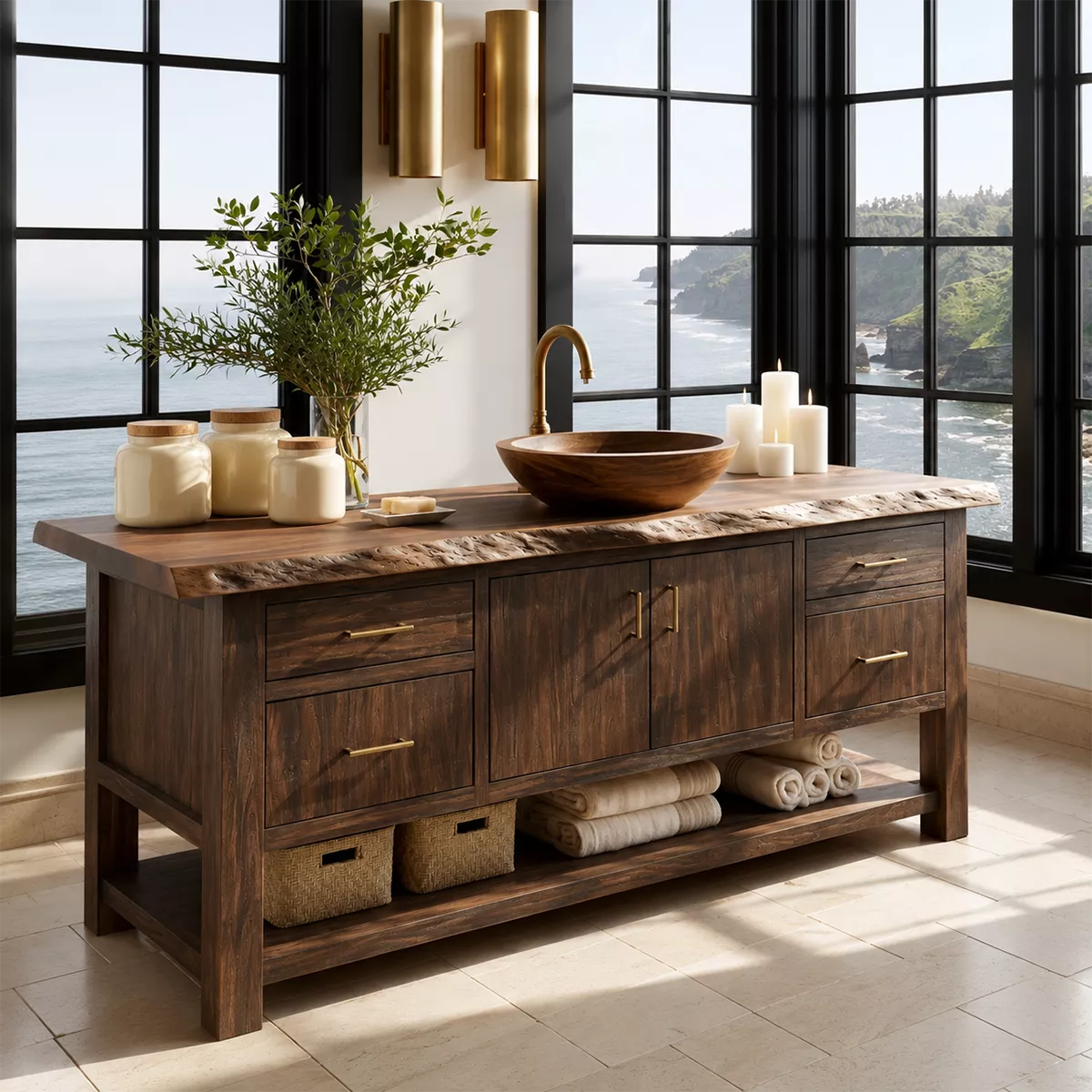 Natural Solid Wood Bathroom Vanity with Four Drawers Open Shelf Rustic - Rustiracraft