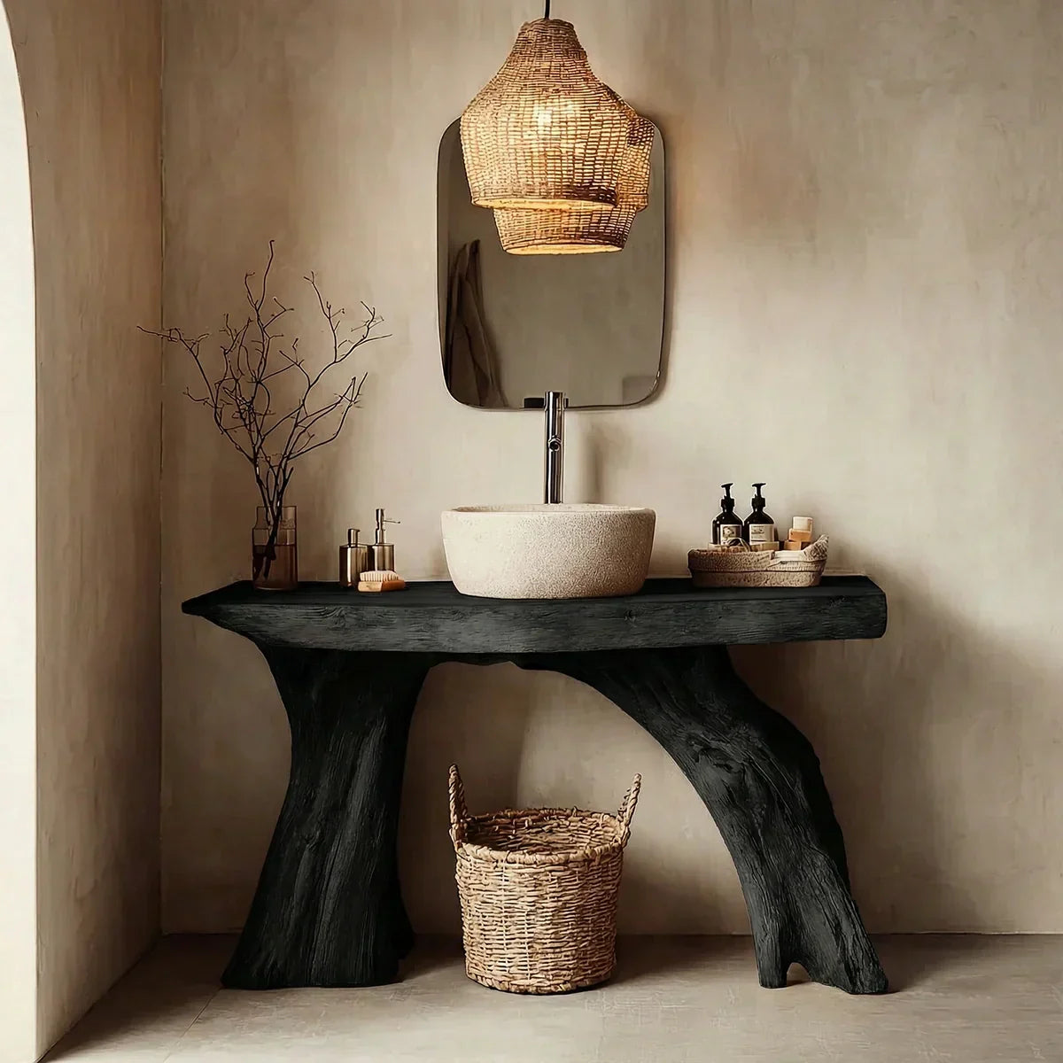 Natural Solid Wood Bathroom Vanity with Sculpted Root Base - Rustiracraft