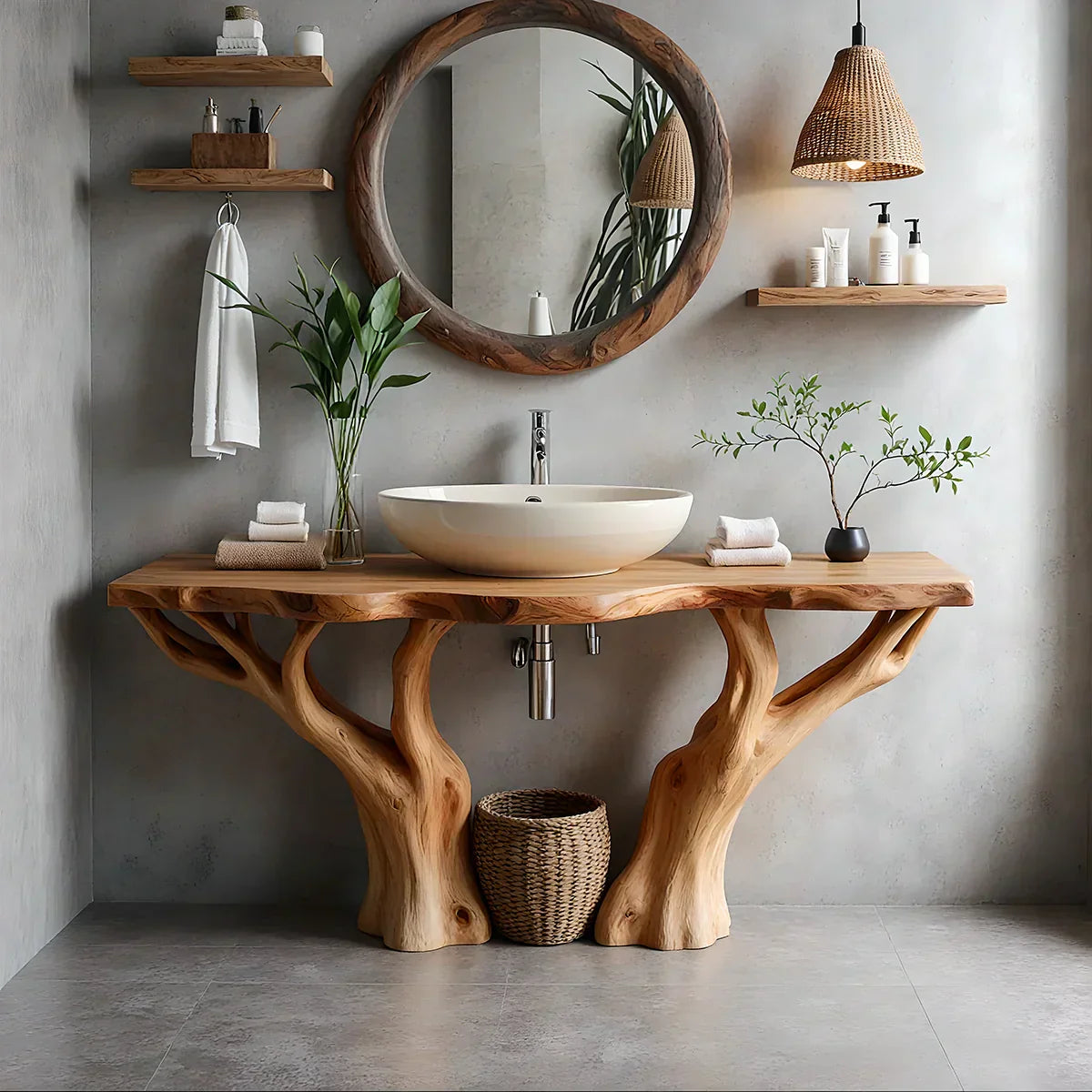 Natural Solid Wood Bathroom Vanity with Tree-Form Base - Rustiracraft