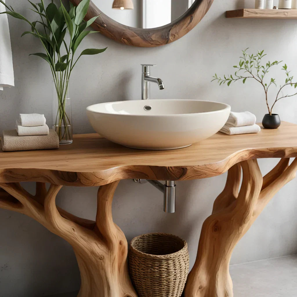 Natural Solid Wood Bathroom Vanity with Tree-Form Base - Rustiracraft