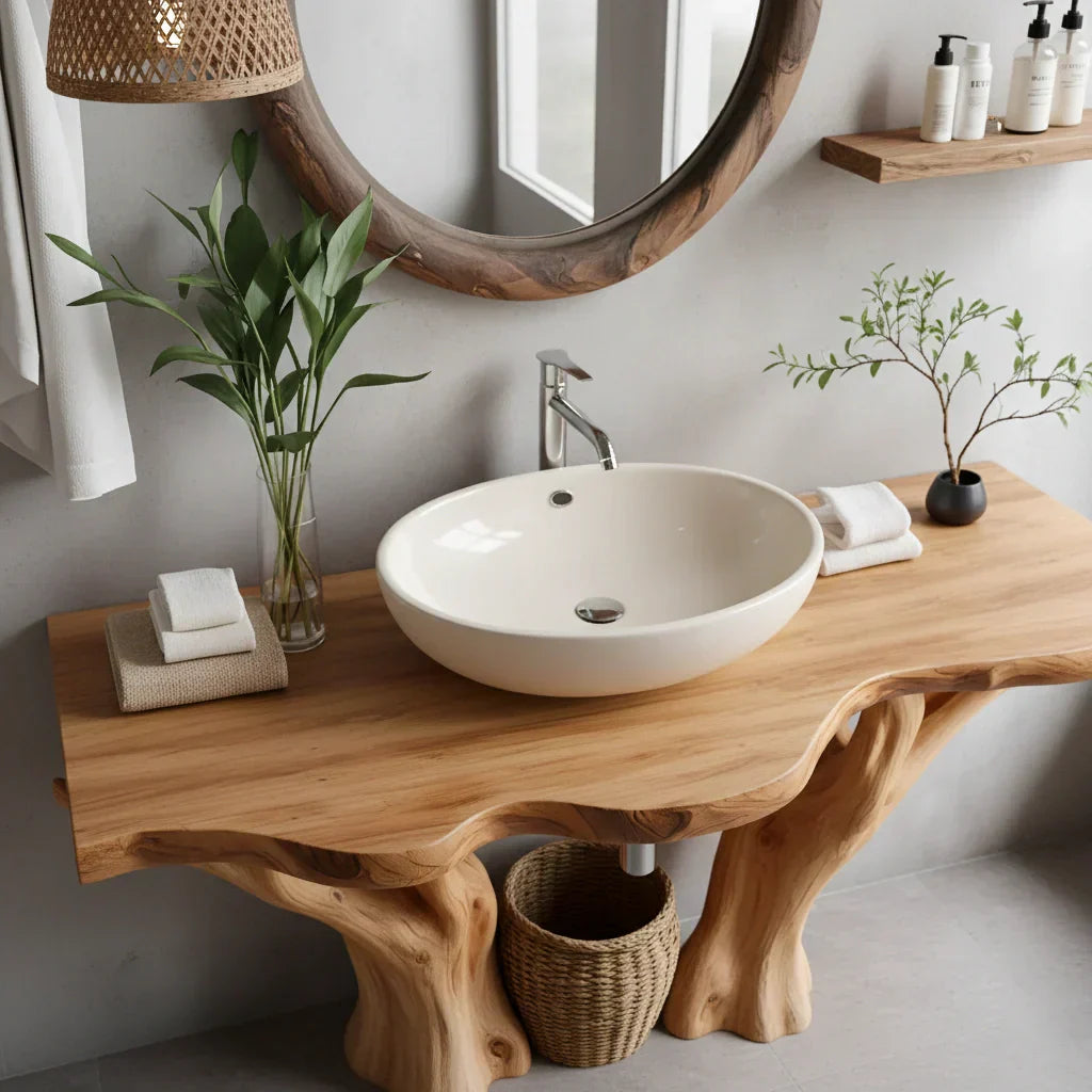 Natural Solid Wood Bathroom Vanity with Tree-Form Base - Rustiracraft