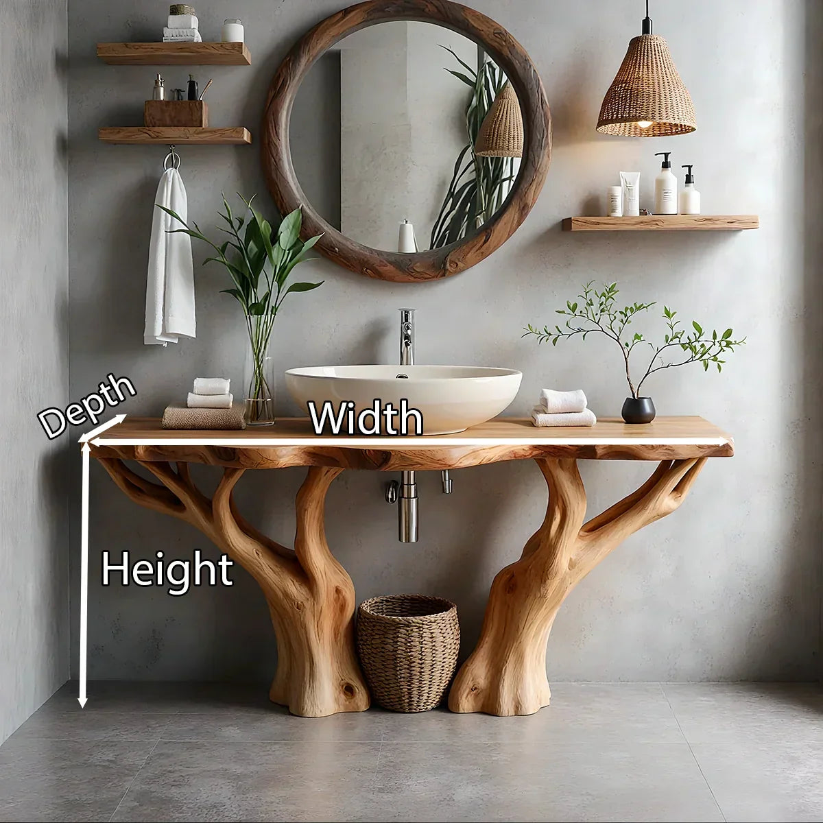 Natural Solid Wood Bathroom Vanity with Tree-Form Base - Rustiracraft