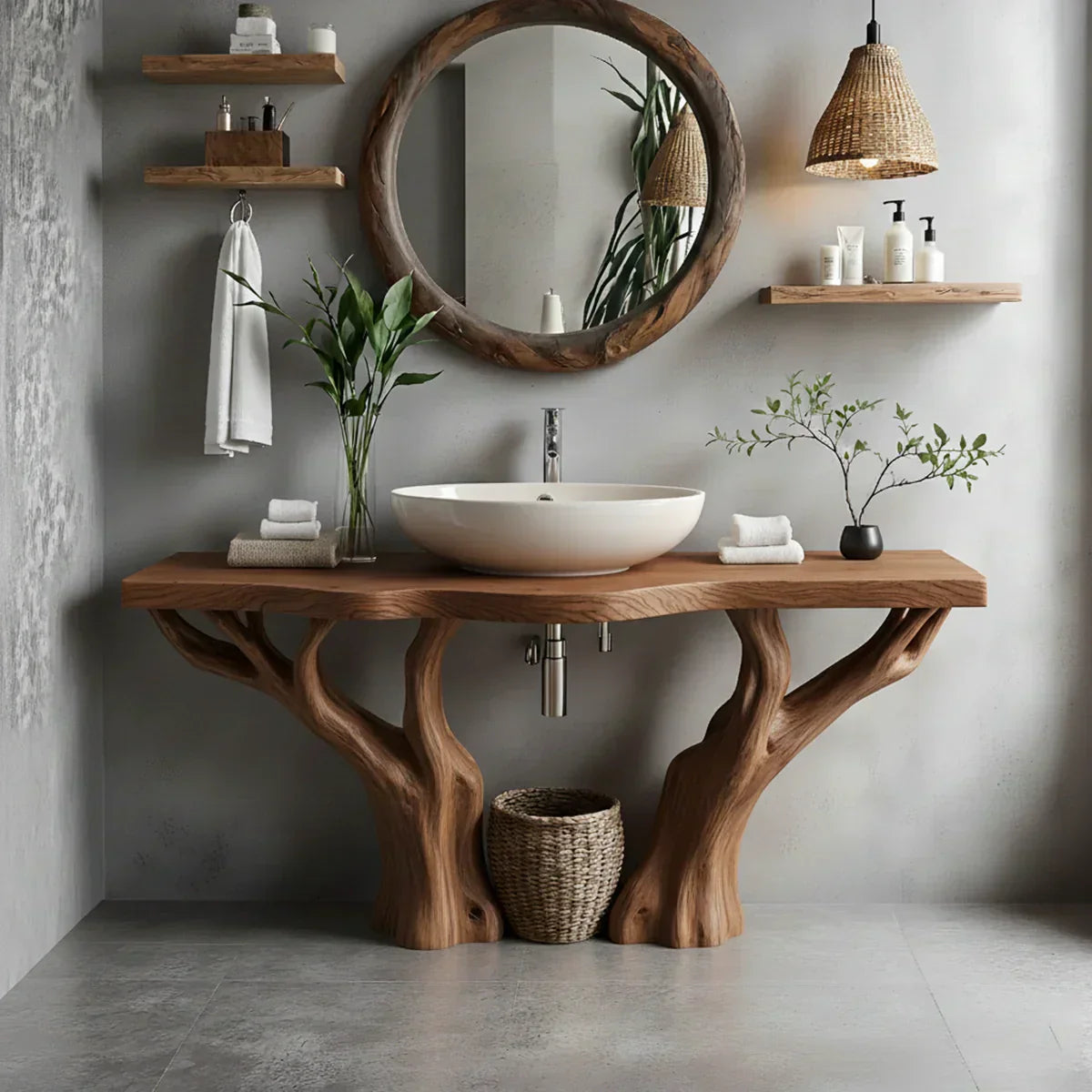 Natural Solid Wood Bathroom Vanity with Tree-Form Base - Rustiracraft