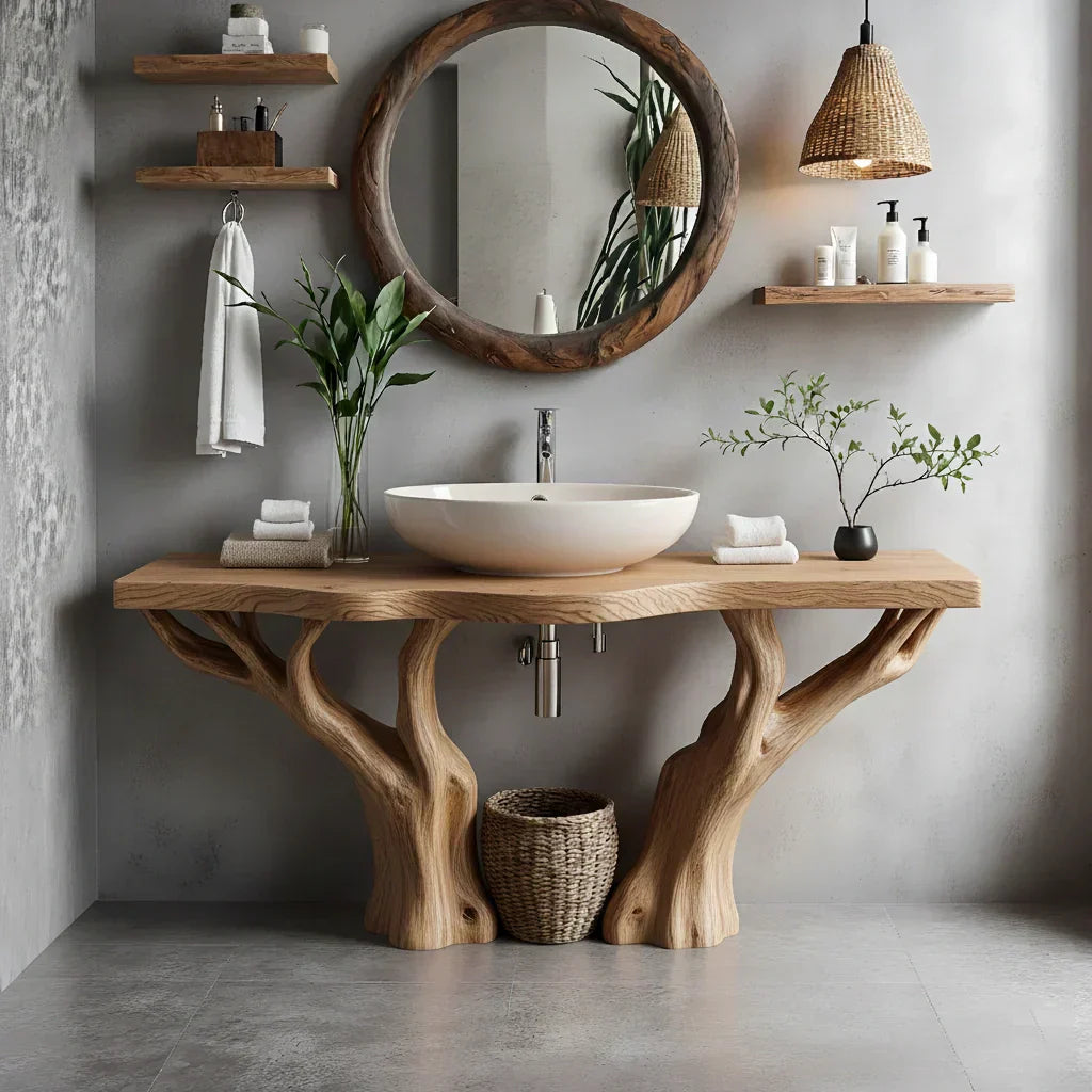 Natural Solid Wood Bathroom Vanity with Tree-Form Base - Rustiracraft