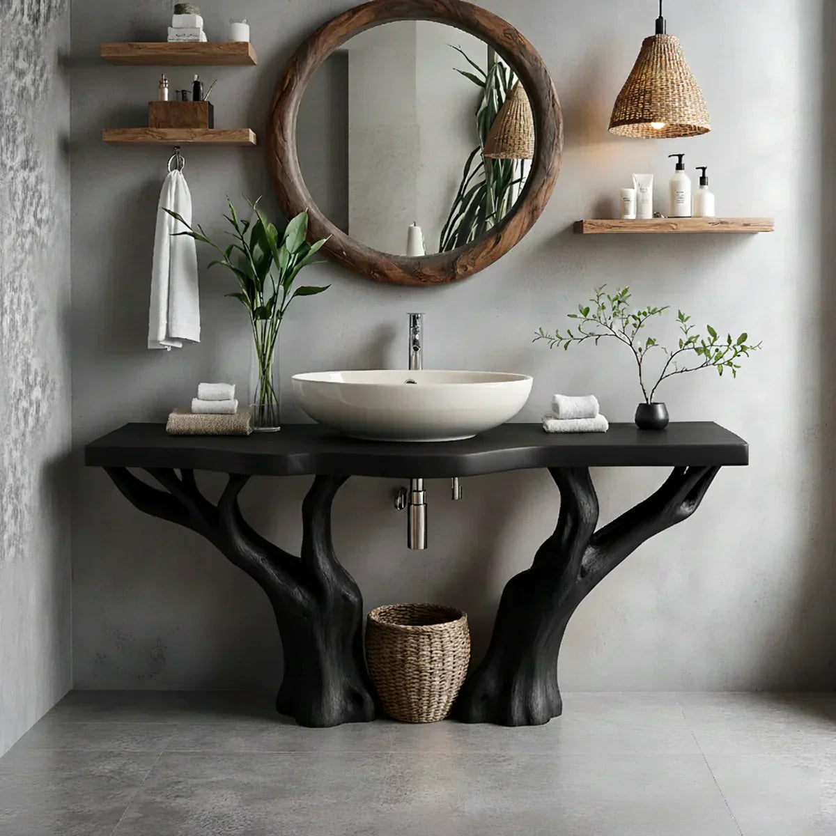 Natural Solid Wood Bathroom Vanity with Tree-Form Base - Rustiracraft