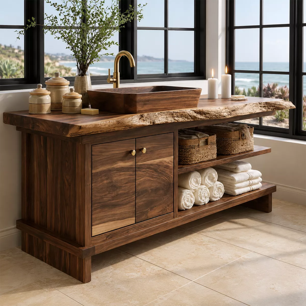 Natural Solid Wood Bathroom Vanity with Two Cabinet Doors Traditional - Rustiracraft