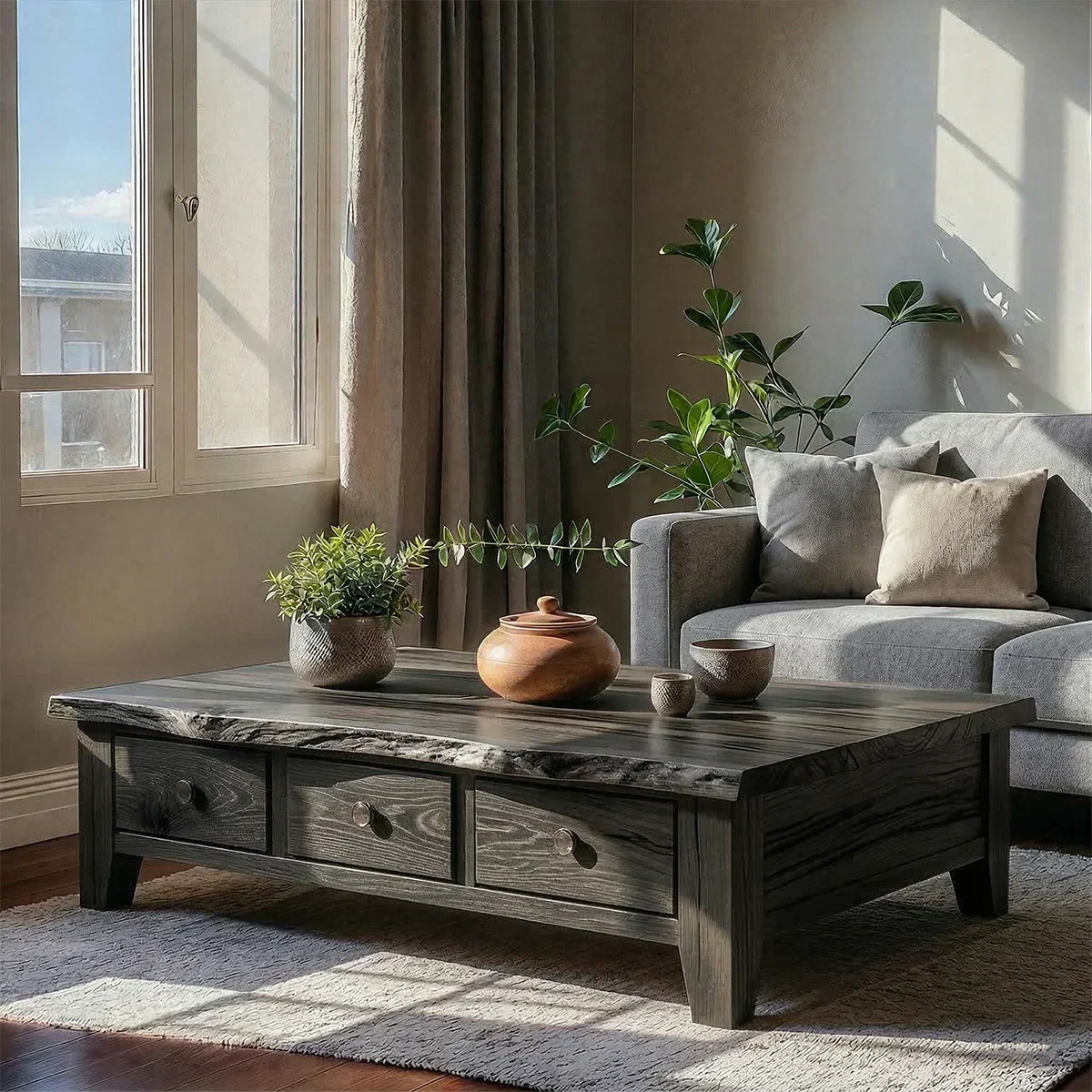 Natural Solid Wood Coffee Table with Drawers – Walnut Finish Japandi Low Storage Table - Rustiracraft 