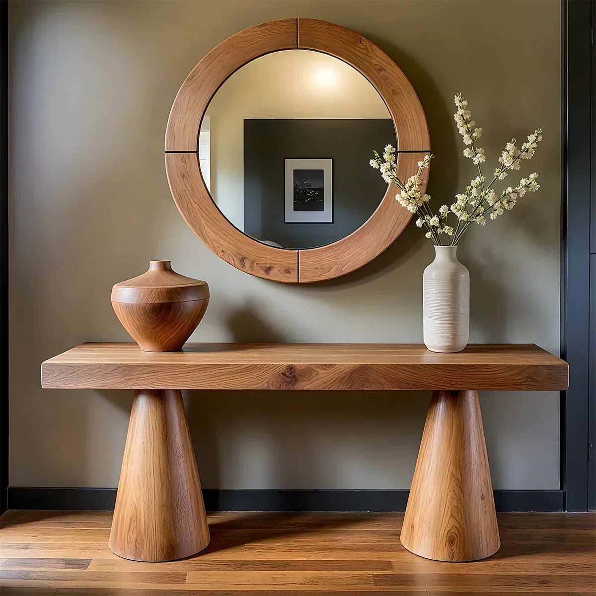 Natural Solid Wood Console with Tapered Sculptural Bases – Modern Japandi - Rustiracraft