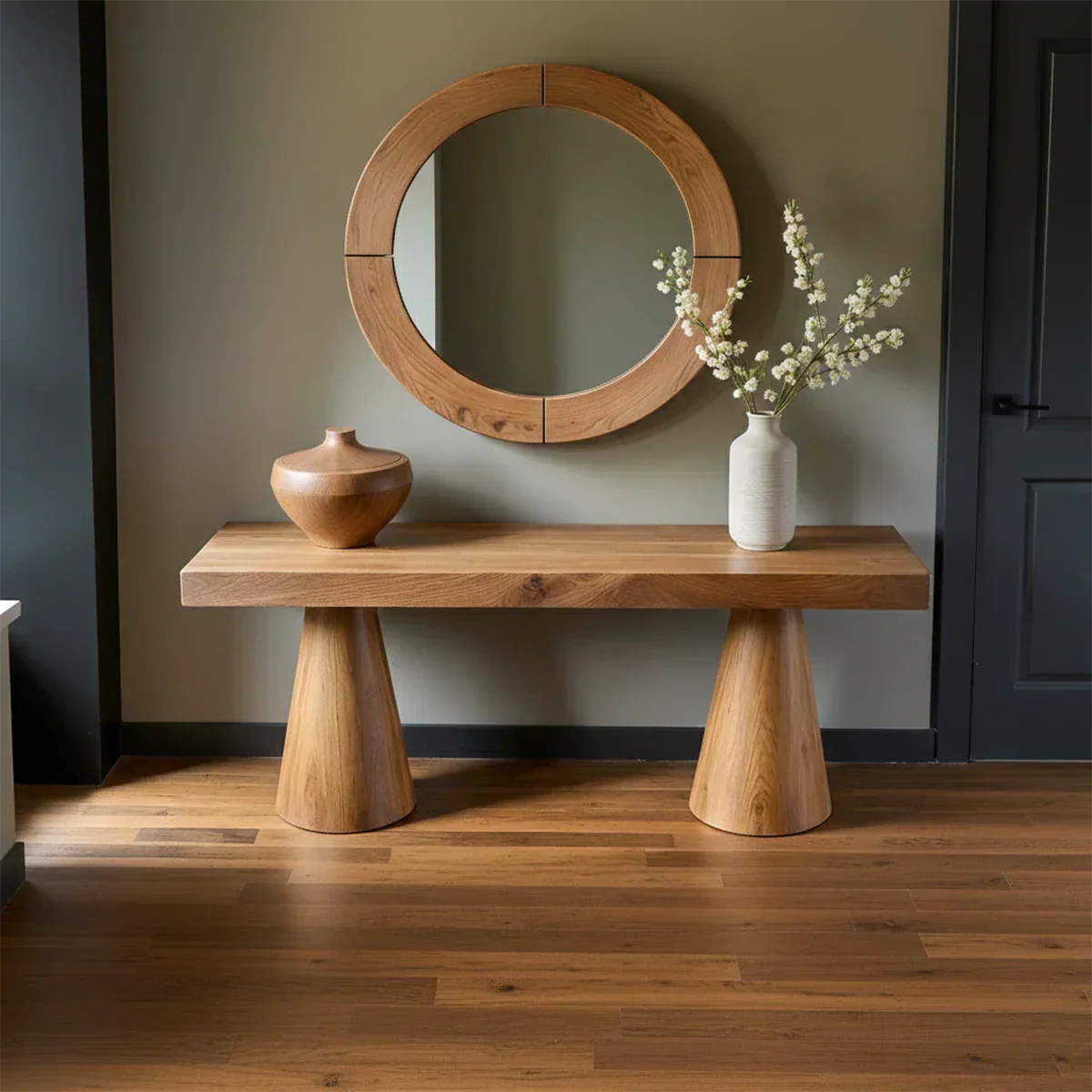 Natural Solid Wood Console with Tapered Sculptural Bases – Modern Japandi - Rustiracraft