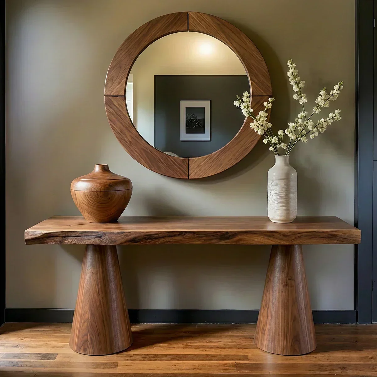 Natural Solid Wood Console with Tapered Sculptural Bases – Modern Japandi - Rustiracraft