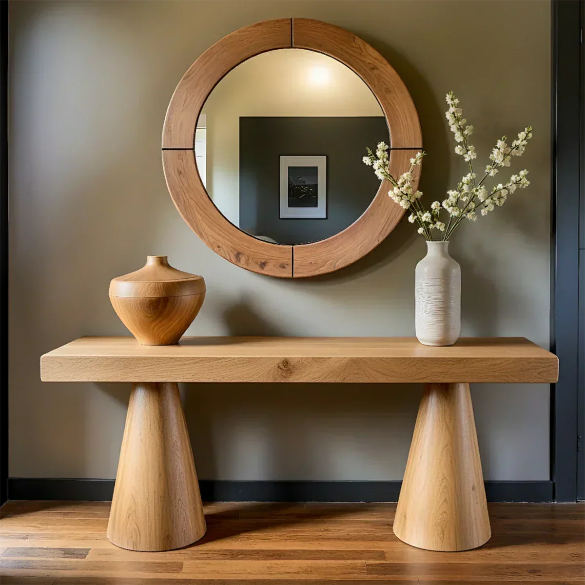 Natural Solid Wood Console with Tapered Sculptural Bases – Modern Japandi - Rustiracraft
