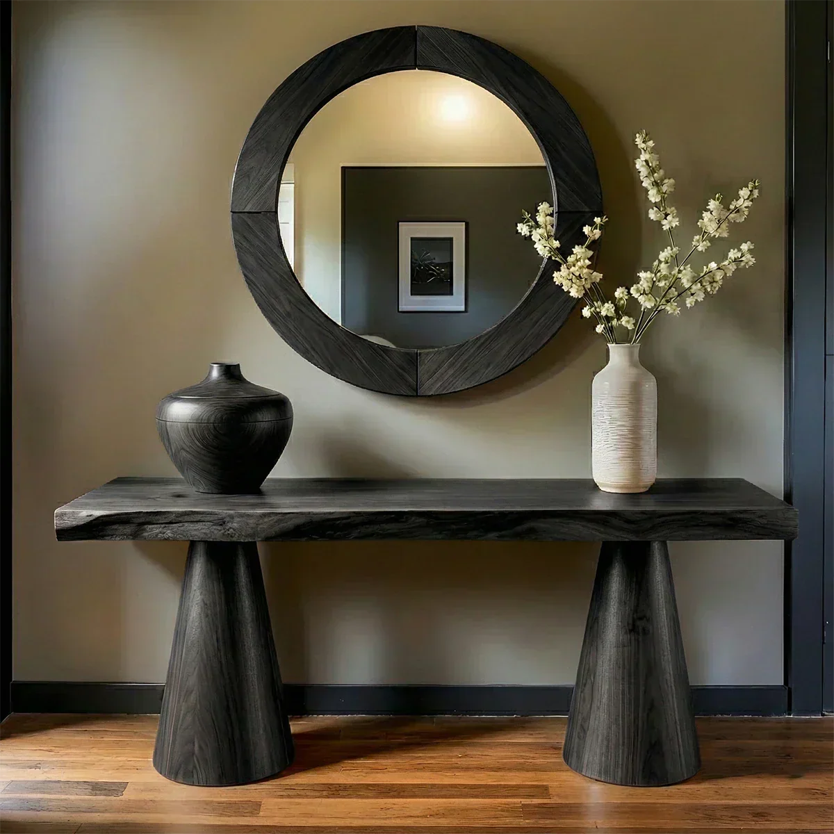 Natural Solid Wood Console with Tapered Sculptural Bases – Modern Japandi - Rustiracraft
