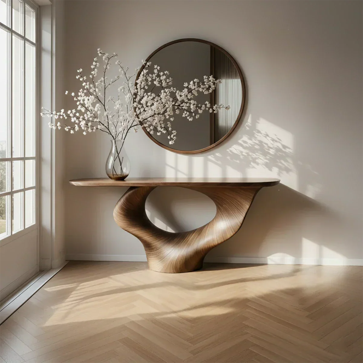 Natural Solid Wood Curved Sculptural Console – Japandi Modern Elegance - Rustiracraft