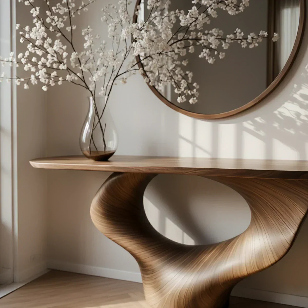 Natural Solid Wood Curved Sculptural Console – Japandi Modern Elegance - Rustiracraft