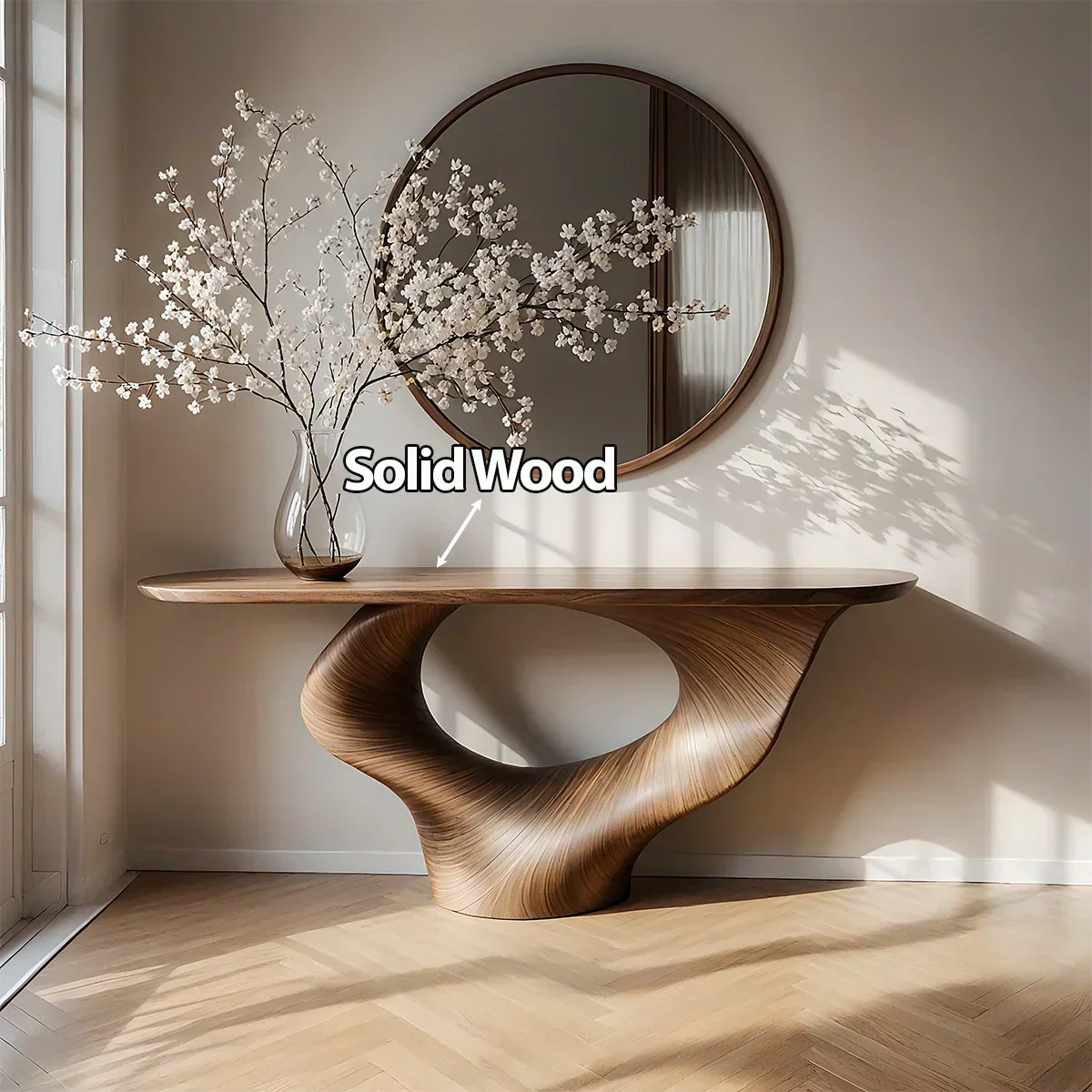 Natural Solid Wood Curved Sculptural Console – Japandi Modern Elegance - Rustiracraft