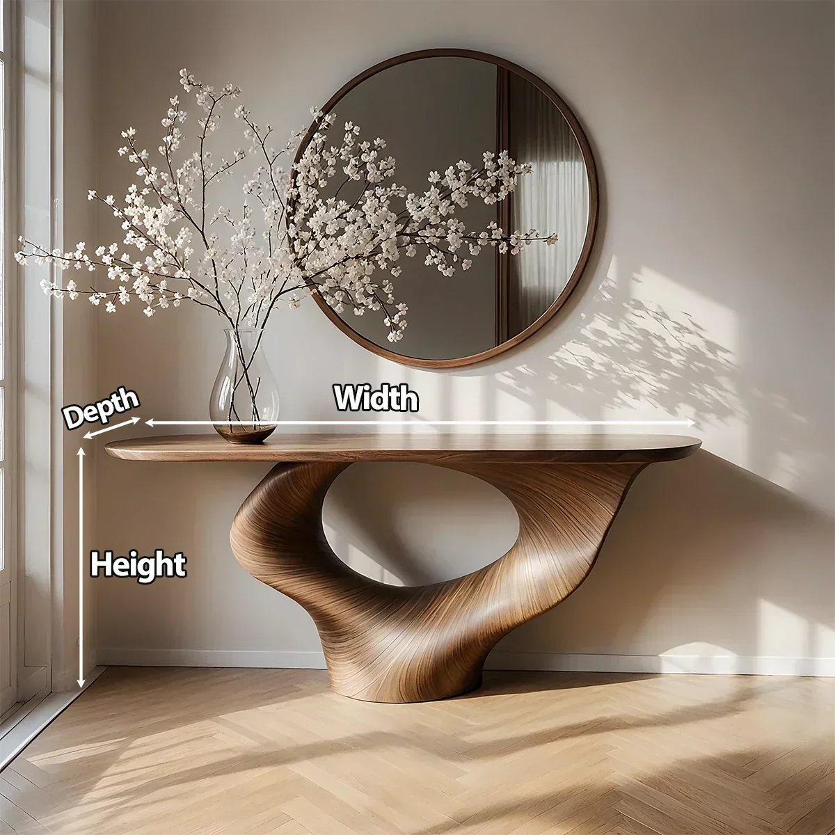 Natural Solid Wood Curved Sculptural Console – Japandi Modern Elegance - Rustiracraft