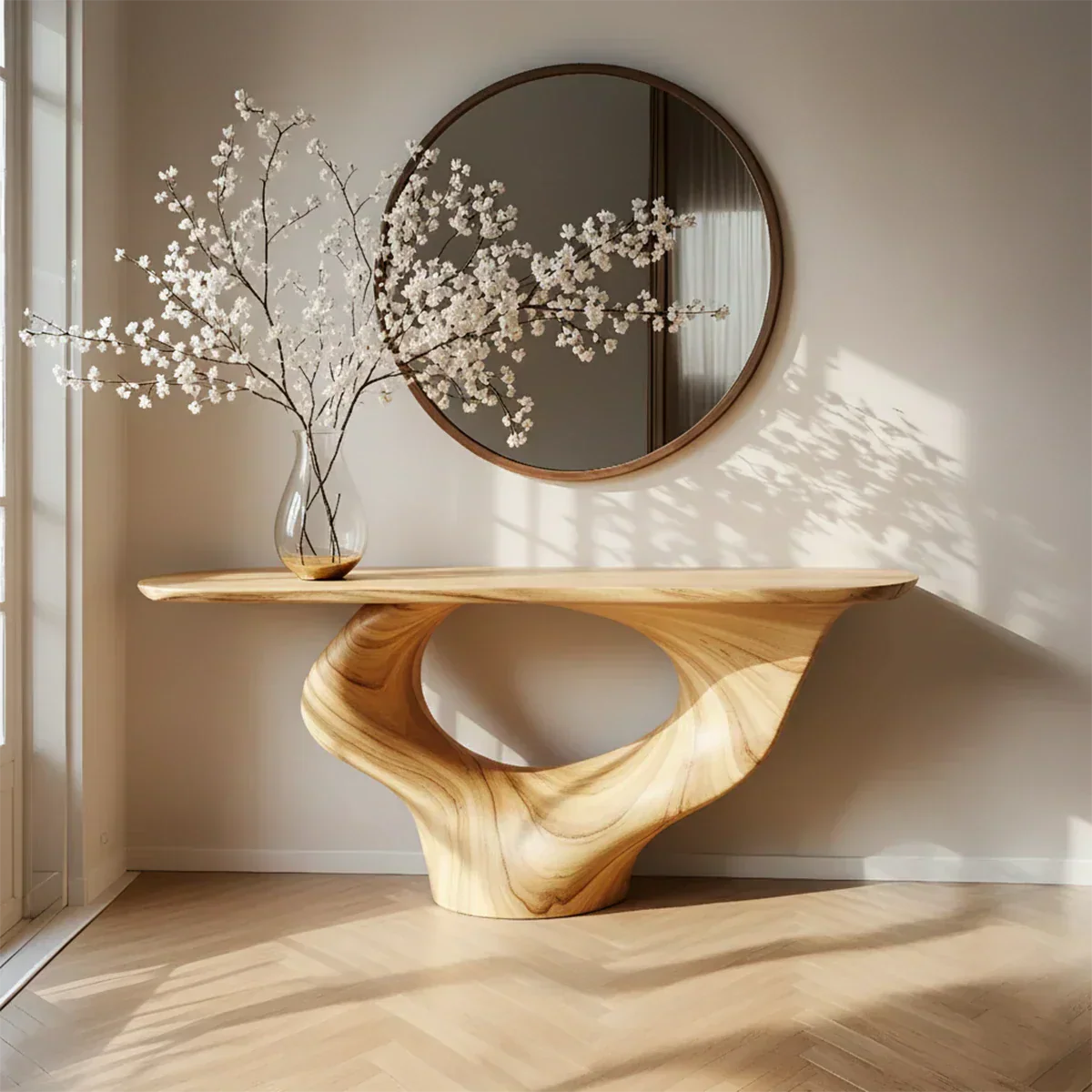 Natural Solid Wood Curved Sculptural Console – Japandi Modern Elegance - Rustiracraft
