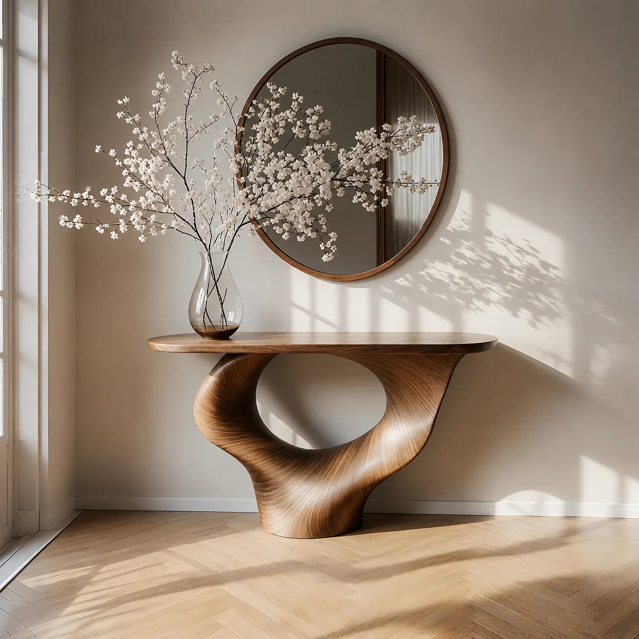 Natural Solid Wood Curved Sculptural Console – Japandi Modern Elegance - Rustiracraft