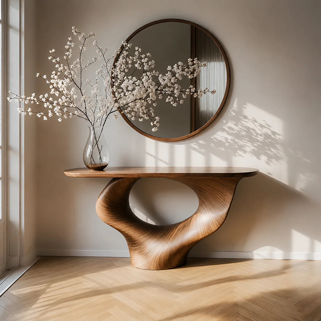 Natural Solid Wood Curved Sculptural Console – Japandi Modern Elegance - Rustiracraft