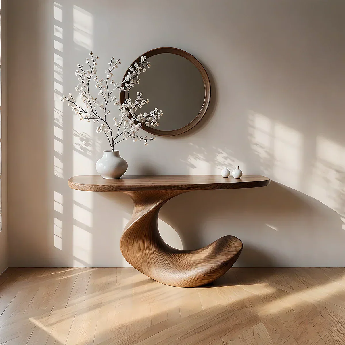 Natural Solid Wood Curved Sculptural Console in Modern Flow Design - Rustiracraft