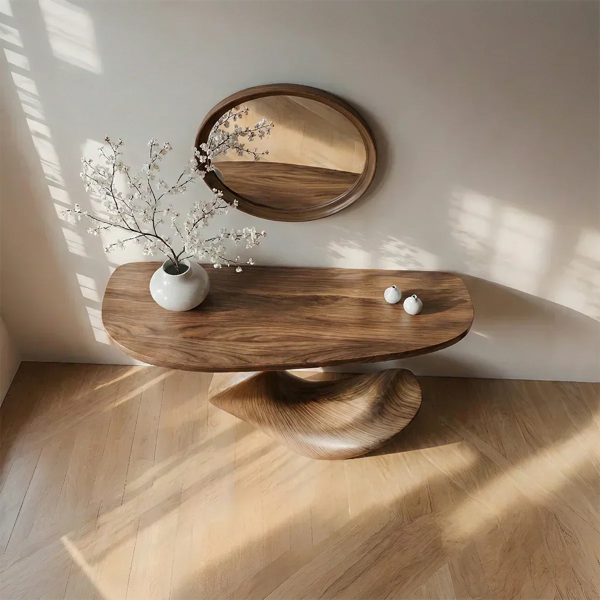 Natural Solid Wood Curved Sculptural Console in Modern Flow Design - Rustiracraft