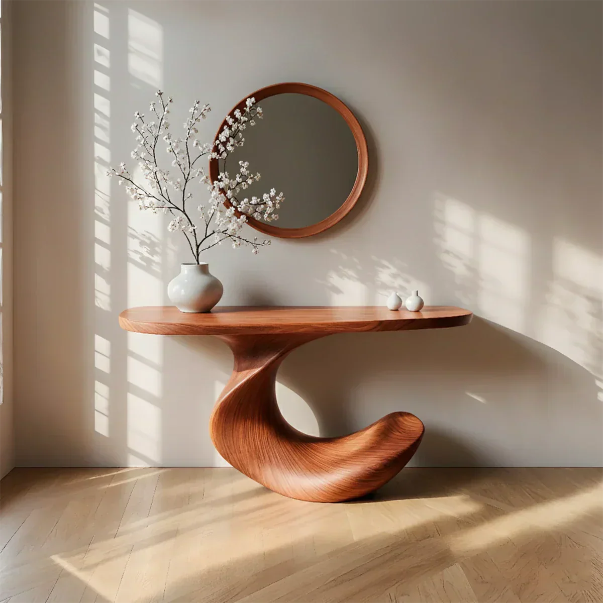 Natural Solid Wood Curved Sculptural Console in Modern Flow Design - Rustiracraft
