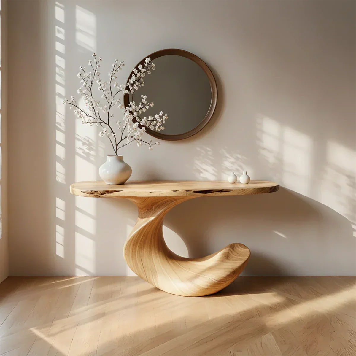 Natural Solid Wood Curved Sculptural Console in Modern Flow Design - Rustiracraft