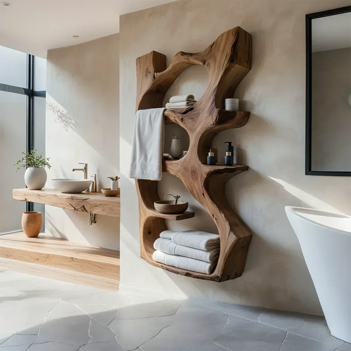 Natural Solid Wood Floating Bathroom Shelf — Sculpted Live Edge - Rustiracraft 