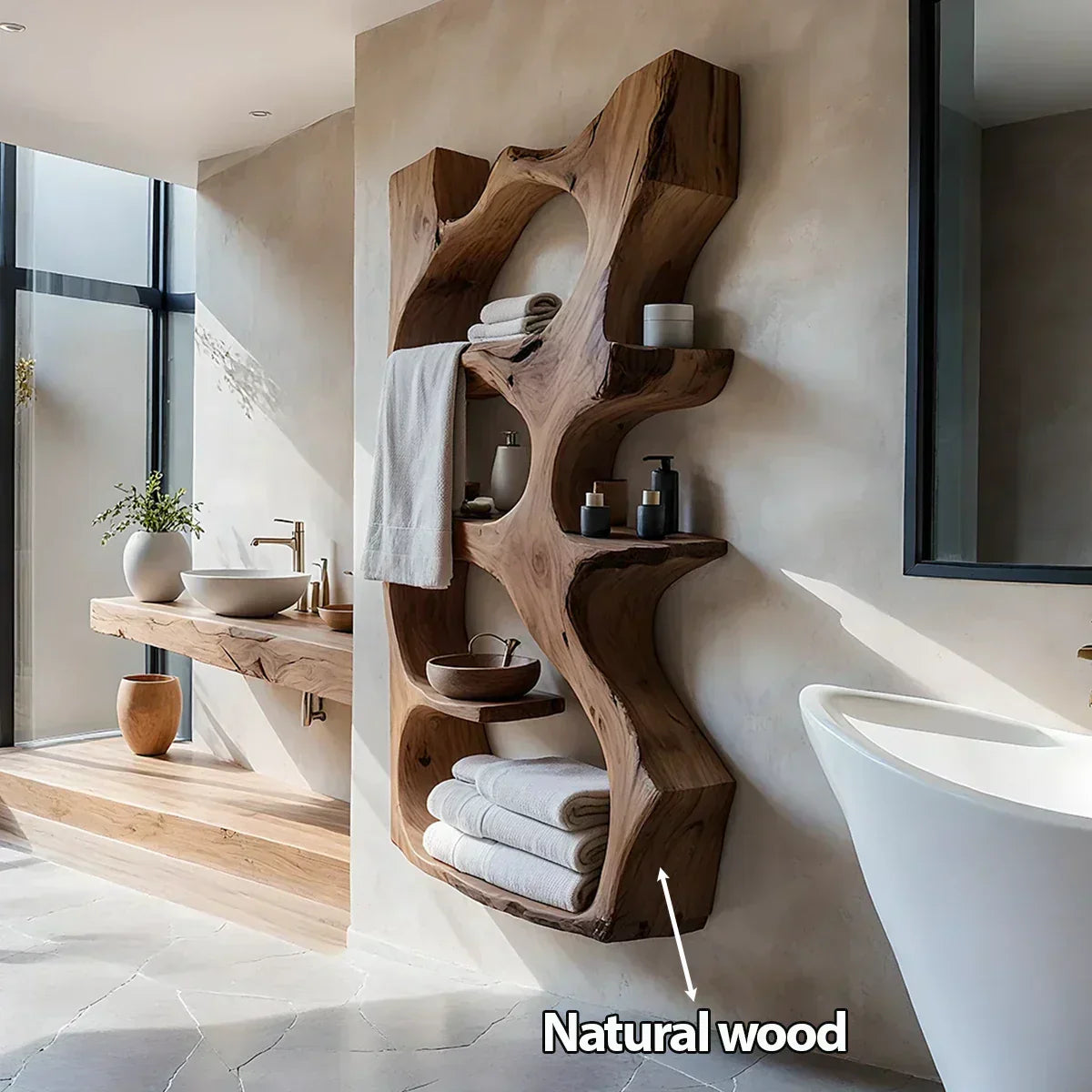 Natural Solid Wood Floating Bathroom Shelf — Sculpted Live Edge - Rustiracraft 
