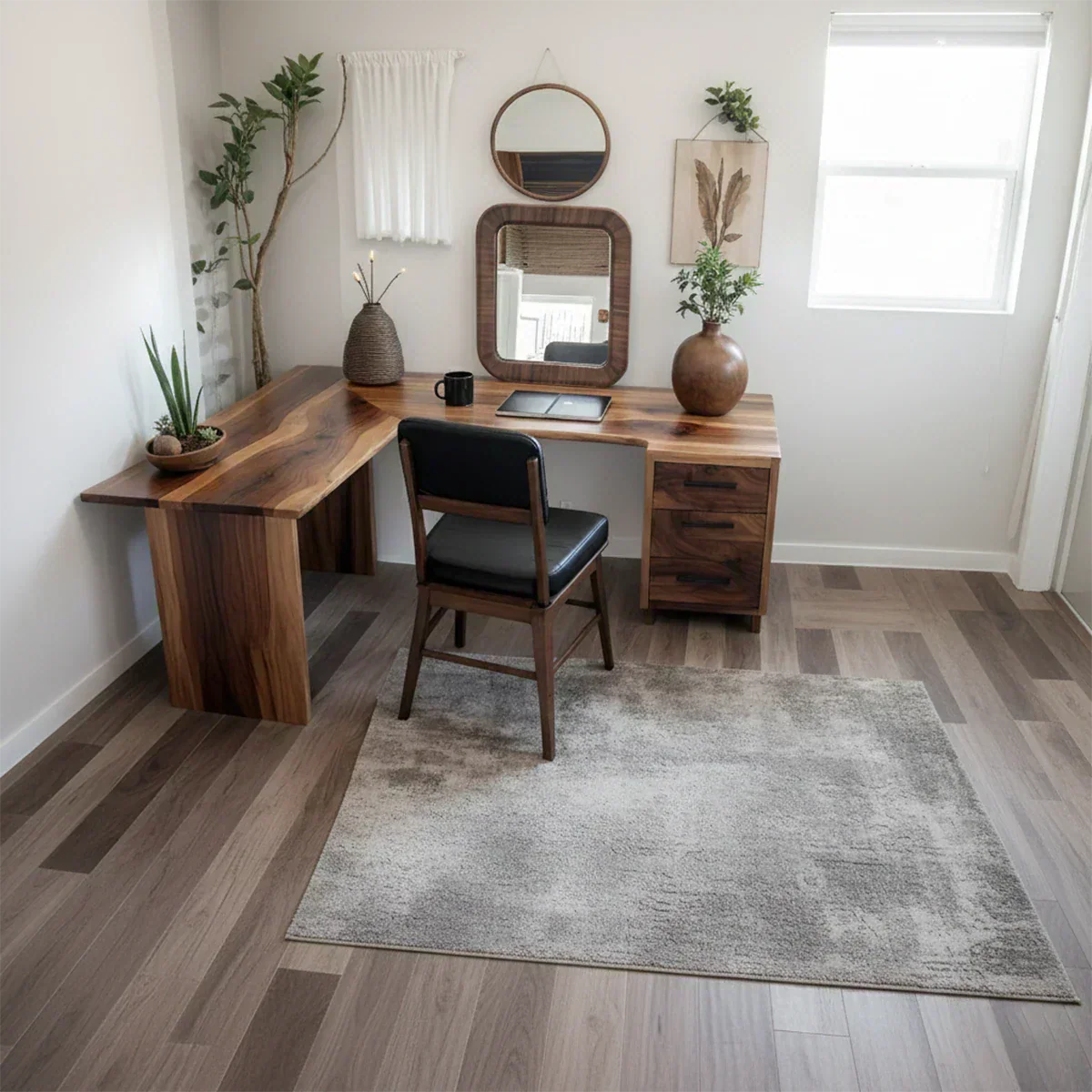 Natural Solid Wood L-Shape Desk with Drawer Cabinet - Rustiracraft