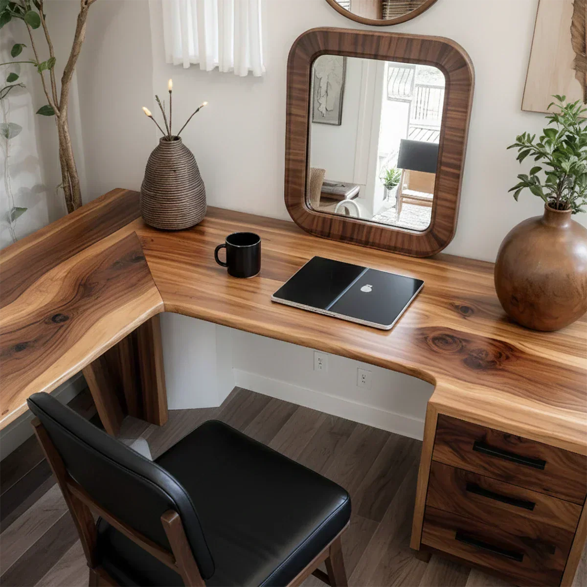 Natural Solid Wood L-Shape Desk with Drawer Cabinet - Rustiracraft