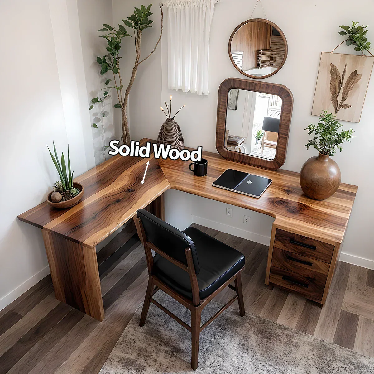 Natural Solid Wood L-Shape Desk with Drawer Cabinet - Rustiracraft
