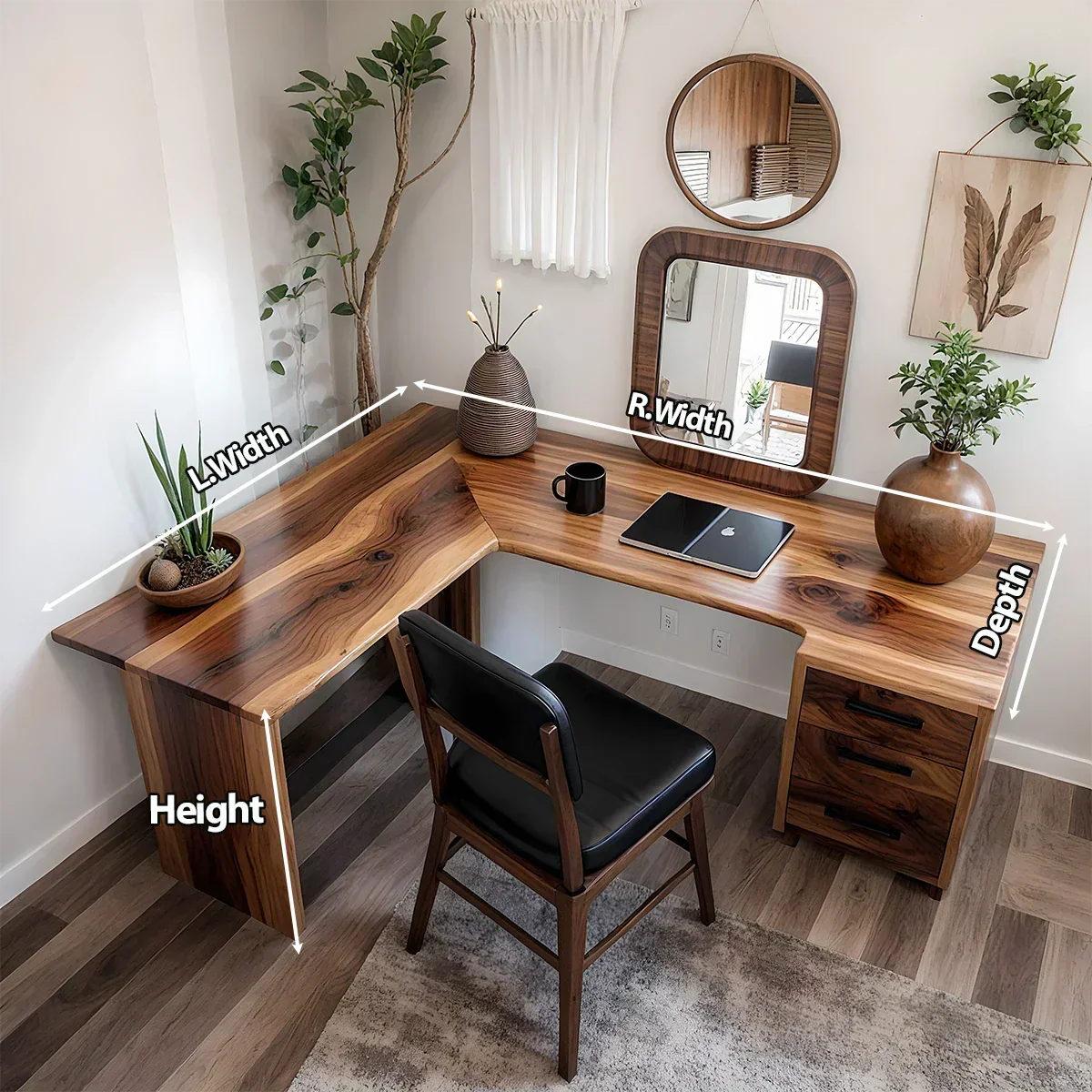 Natural Solid Wood L-Shape Desk with Drawer Cabinet - Rustiracraft