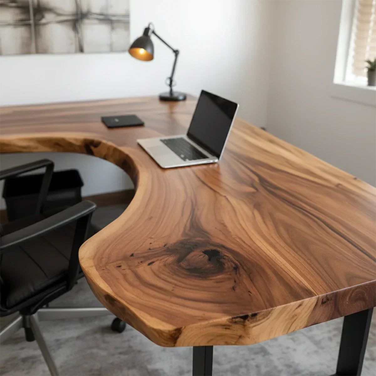 Natural Solid Wood L-Shape Live Edge Desk with Modern Steel Base - Rustiracraft