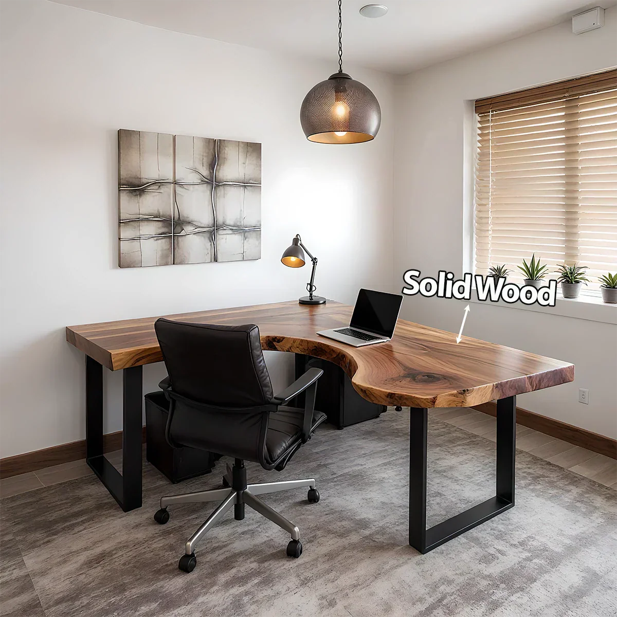Natural Solid Wood L-Shape Live Edge Desk with Modern Steel Base - Rustiracraft