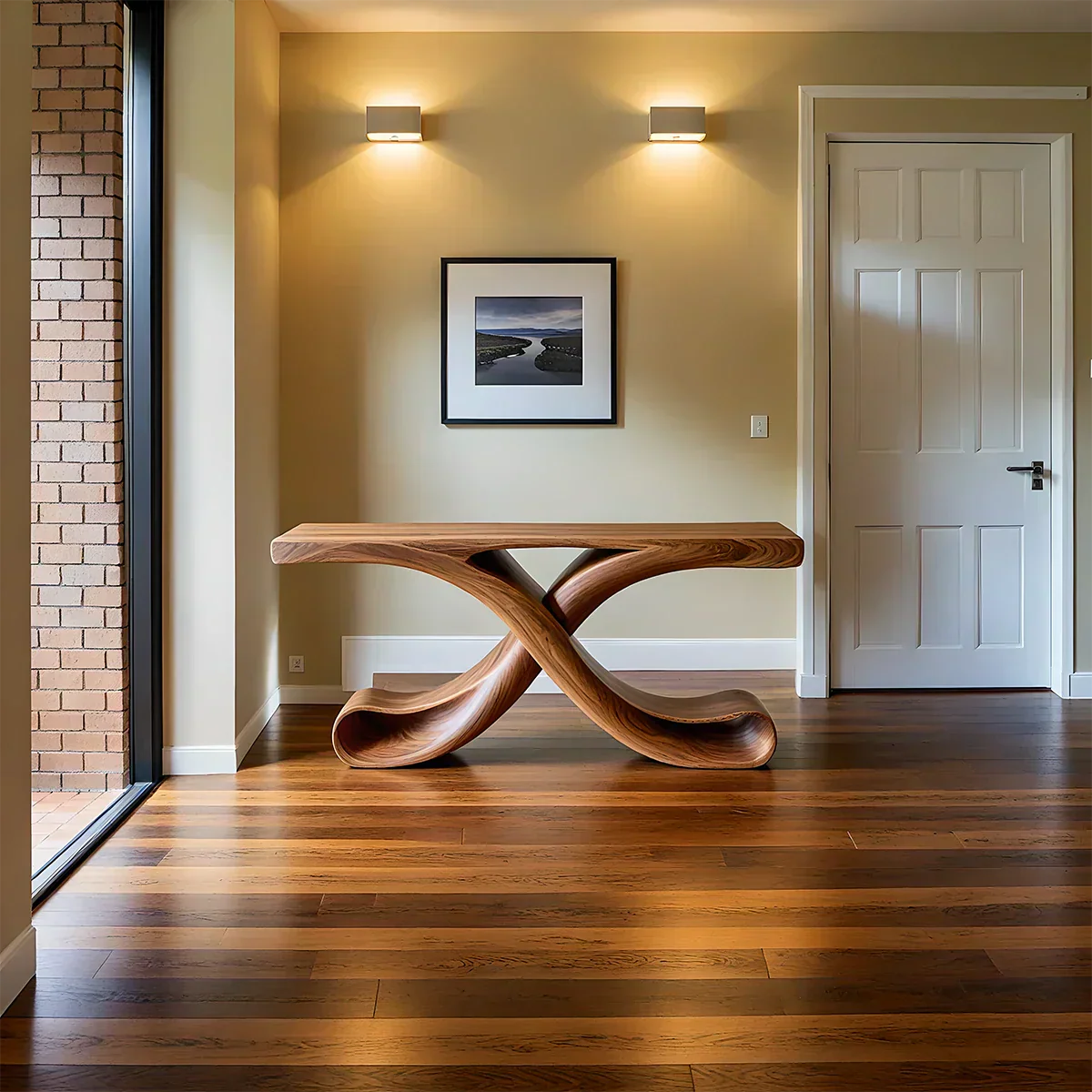 Natural Solid Wood Sculptural Console with Flowing Curved Base – Modern Japandi - Rustiracraft