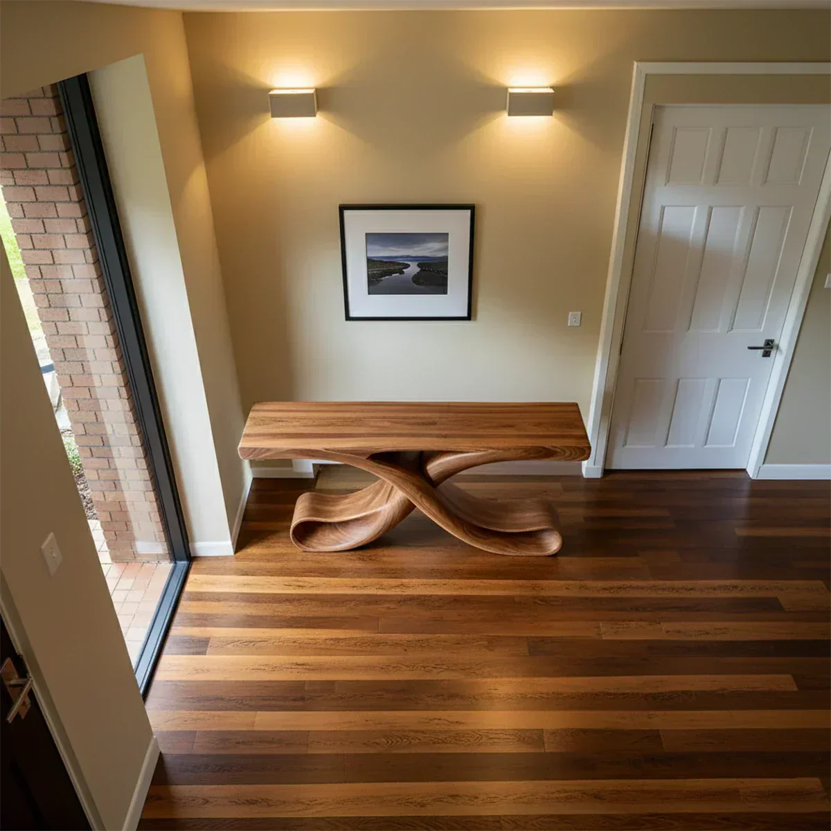 Natural Solid Wood Sculptural Console with Flowing Curved Base – Modern Japandi - Rustiracraft