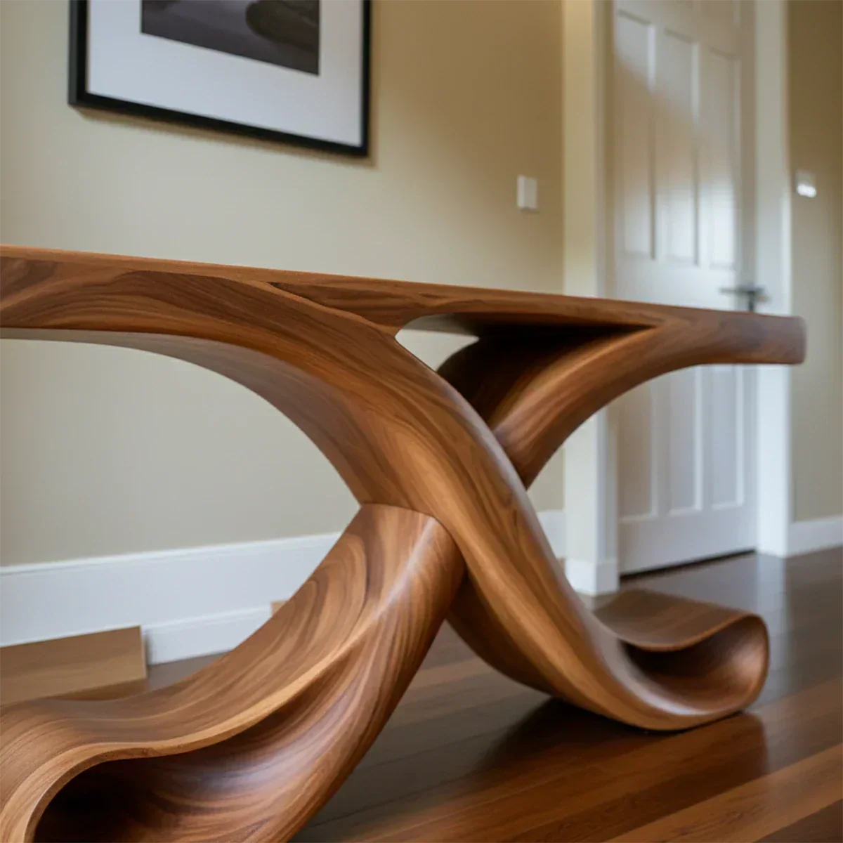 Natural Solid Wood Sculptural Console with Flowing Curved Base – Modern Japandi - Rustiracraft