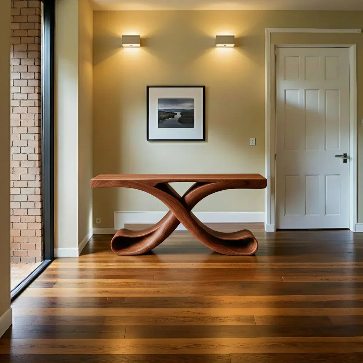 Natural Solid Wood Sculptural Console with Flowing Curved Base – Modern Japandi - Rustiracraft