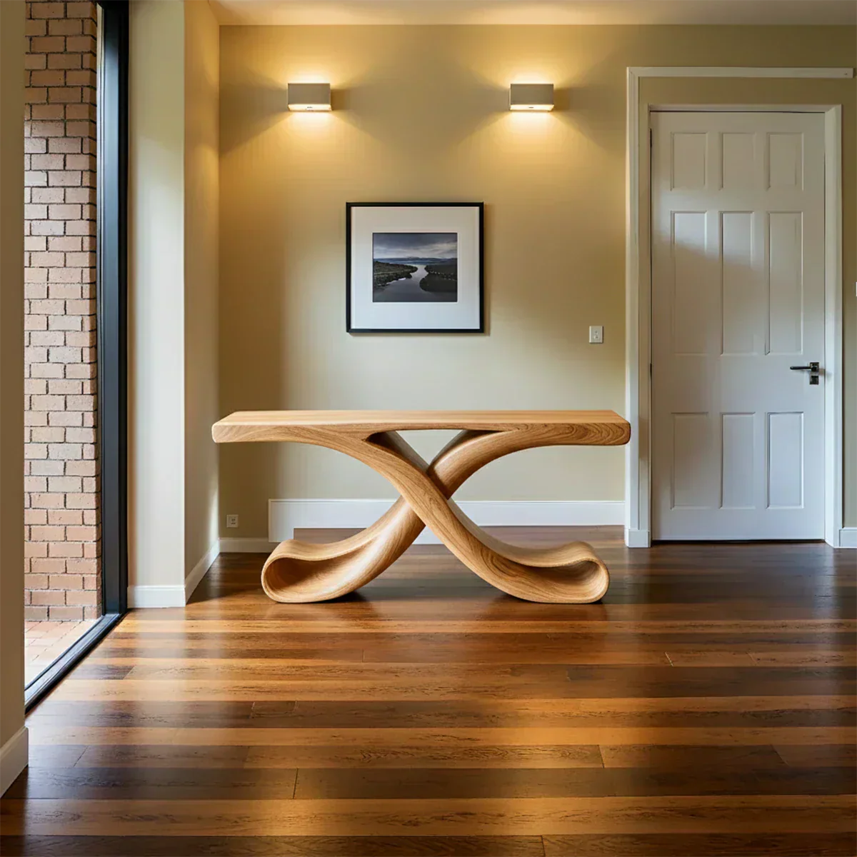 Natural Solid Wood Sculptural Console with Flowing Curved Base – Modern Japandi - Rustiracraft