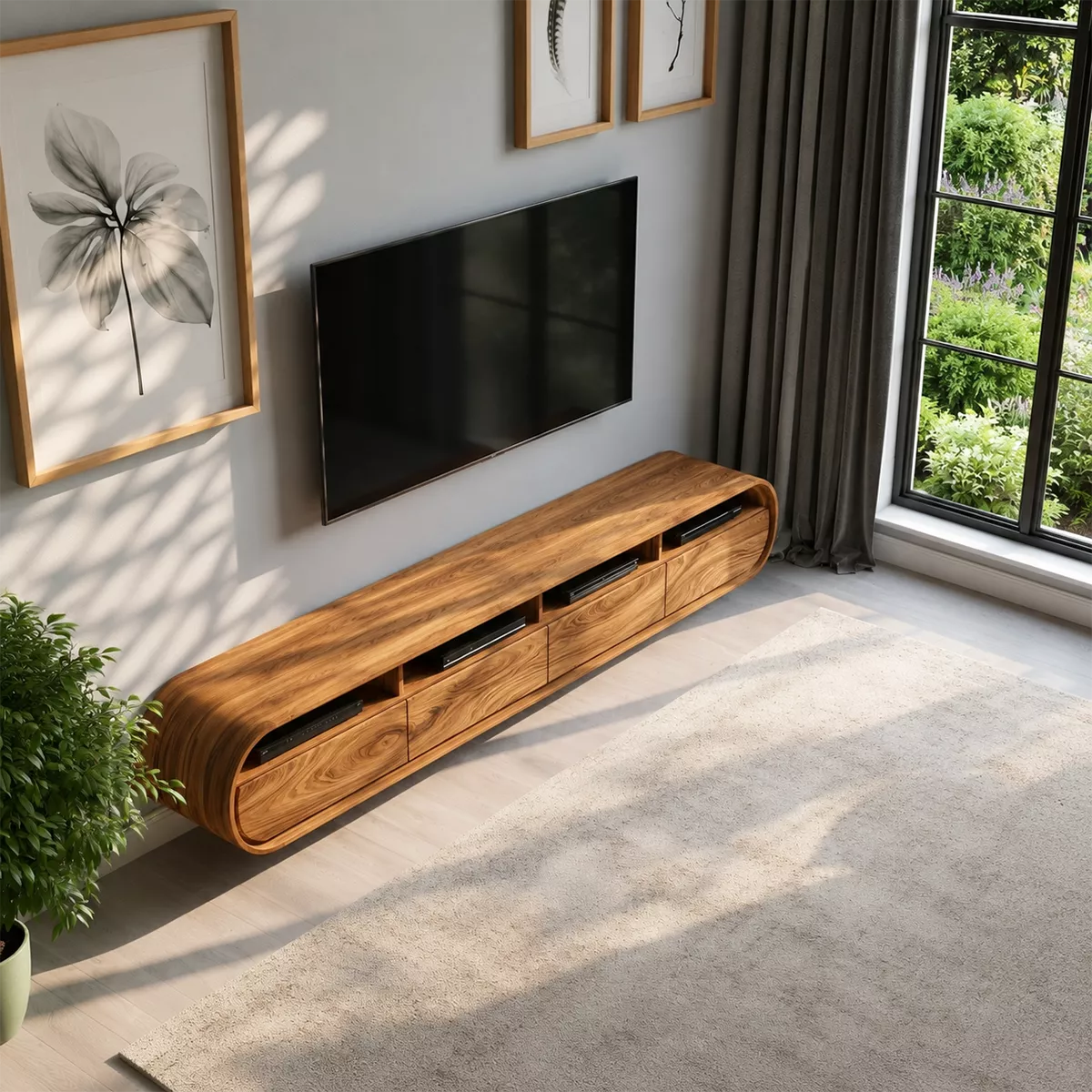 Natural Solid Wood TV Stand with Curved Cabinet Doors Minimalist Style - Rustiracraft