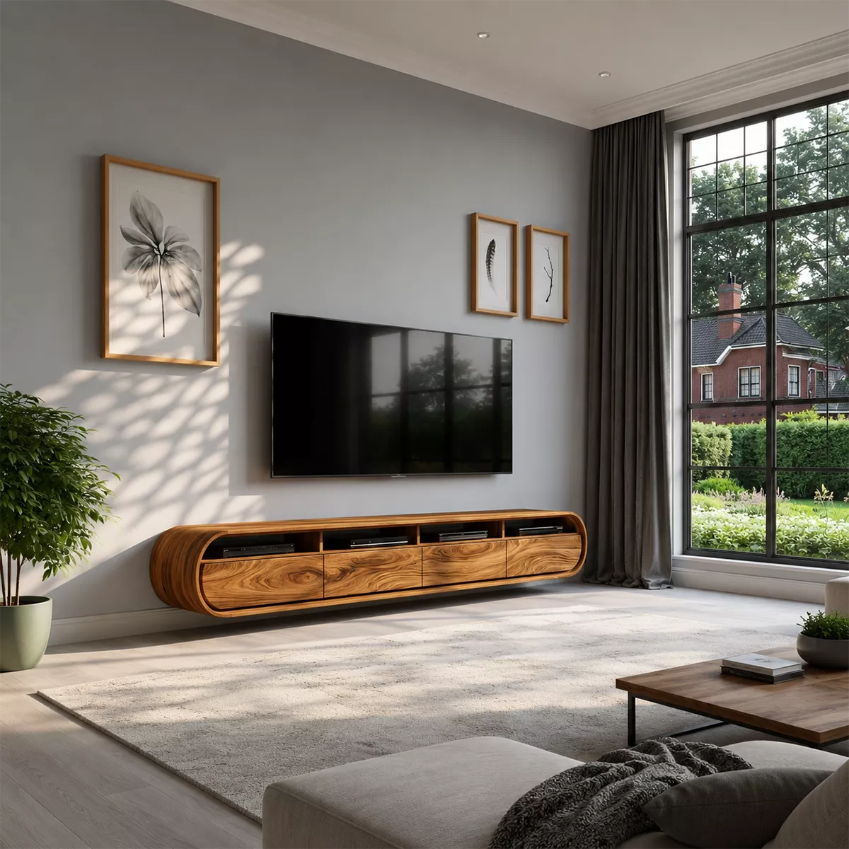Natural Solid Wood TV Stand with Curved Cabinet Doors Minimalist Style - Rustiracraft