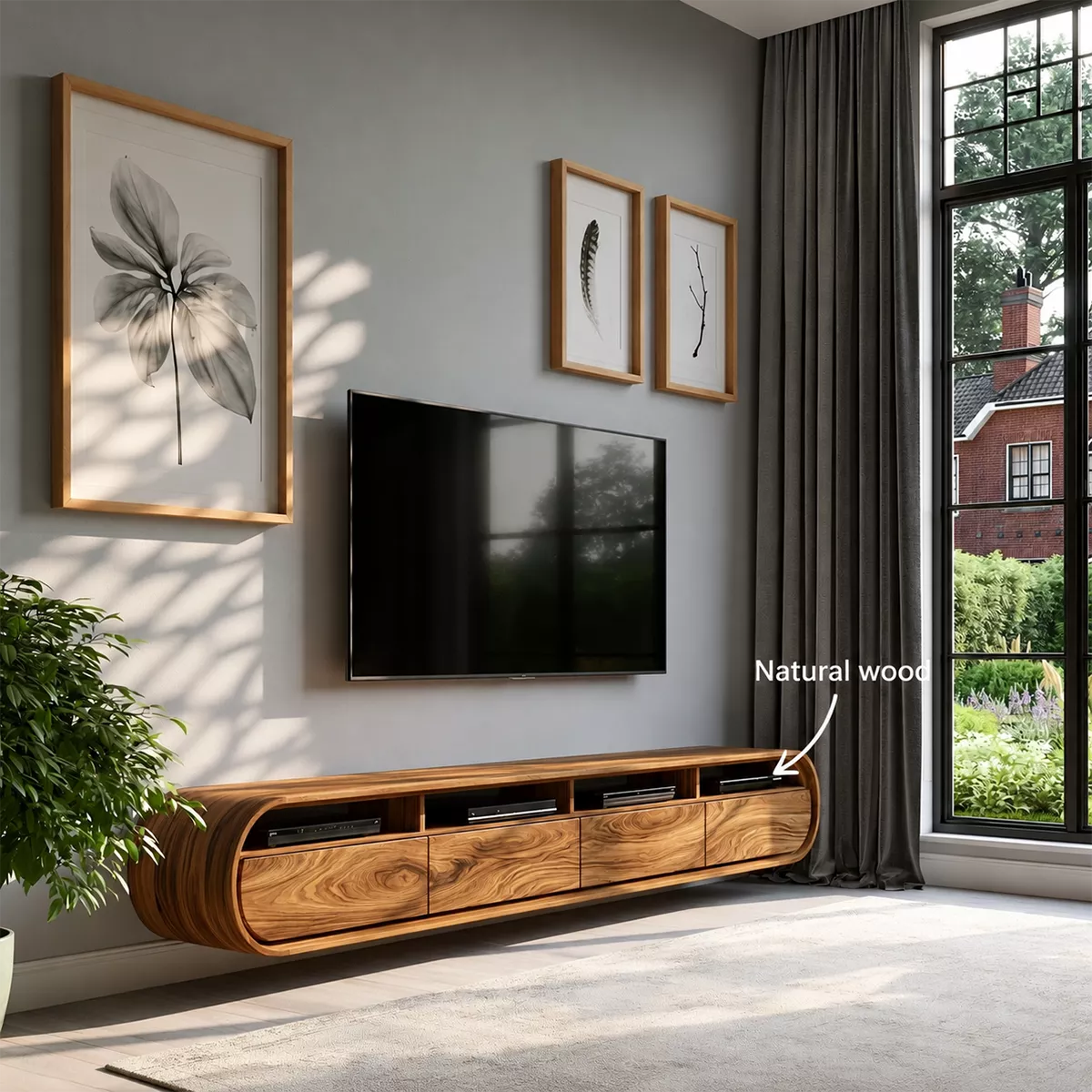 Natural Solid Wood TV Stand with Curved Cabinet Doors Minimalist Style - Rustiracraft